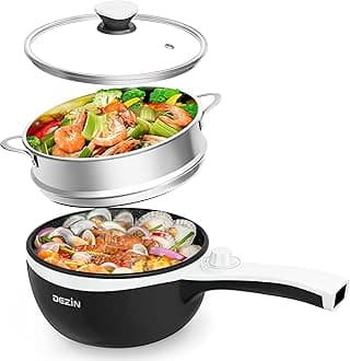 DEZIN Hot Pot Electric with Steamer Upgraded, Non-Stick Sauté Pan, Rapid Noodles Electric Pot, 1.5L Mini Pot for Steak, Egg, Fried Rice, Ramen, Oatmeal, Soup with Power Adjustment (Egg Rack Included)