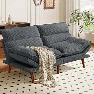 AMADA HOMEFURNISHING Futon Sofa Bed, Corduroy Futon Couch with Adjustable Backrest and Armrests, 2 in 1 Convertible Small Sleeper Sofa Bed for Small Spaces, Living Room or Office, Vintage Grey