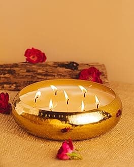 Gold Hammered Urli Candle - Multiple Wick Celebration and Festive Long Burning Fragrance Candle (Large 18 * 5 cm)