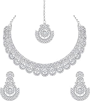 Atasi International Silver Plated White Crystals American Diamonds Stylish Necklace Set with Earrings and Maang Tikka for Women and Girls | Stylish Jewellery for Party, Wedding and Festive Occasions (R6160)