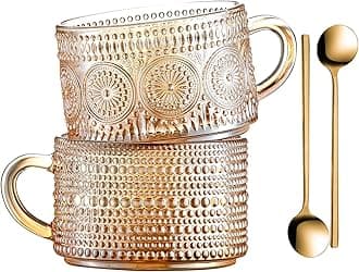 Gezzeny Vintage Coffee Mugs 14 Oz Set of 2 Amber Embossed Glass Tea Cups for Cappccino, Latte,Cereal, Yogurt, Beverage Christmas Thanksgiving Day Gifts