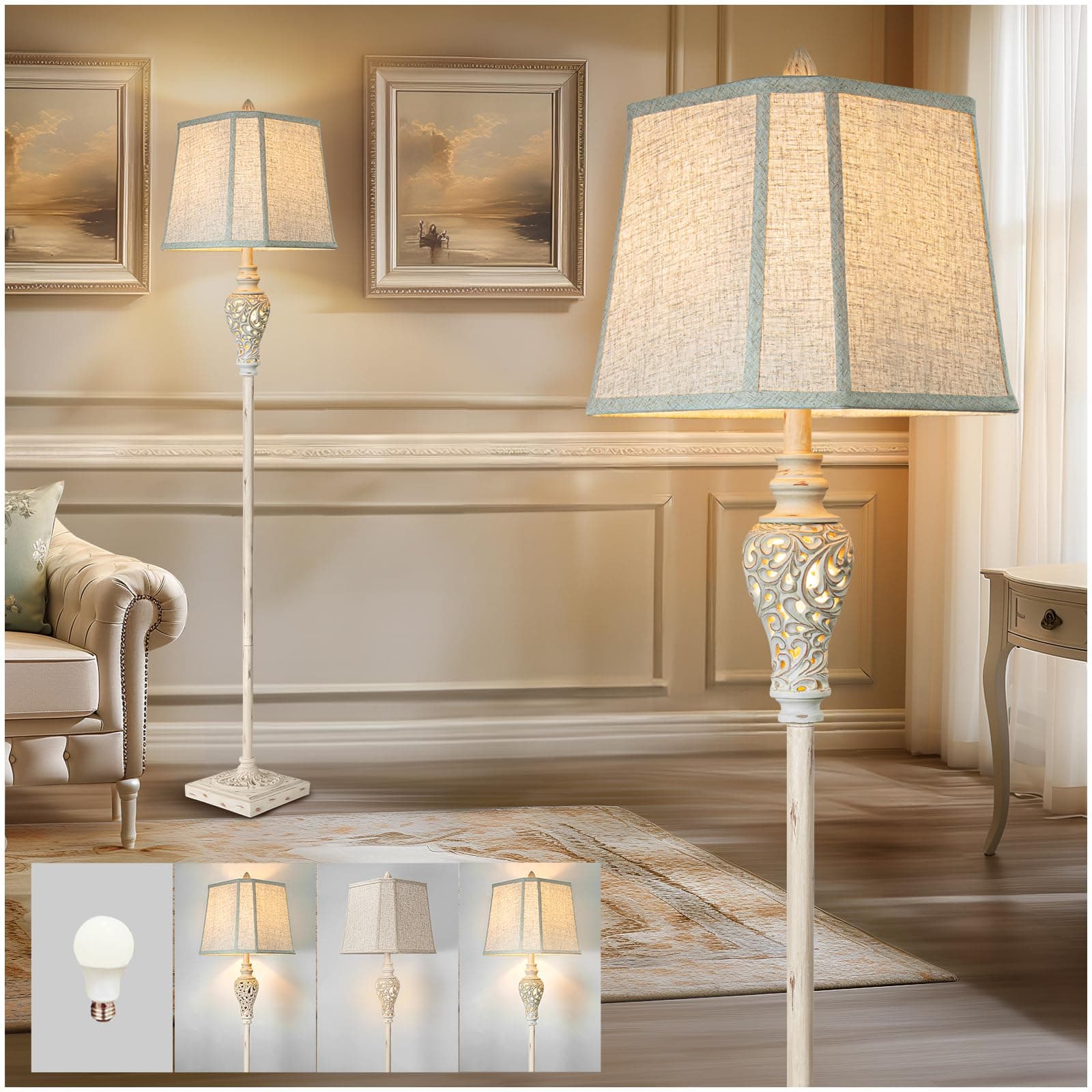 Rustic Floor Lamp 65'' Tall with Nightlight Cut Corner Linen Fabric Shade Vintage Standing Lamp for Living Room, Bedroom, Office, House (Bulb Included)