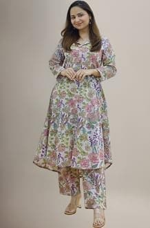Leriya Fashion Women's Anarkali Rayon Floral Printed Kurta Pant Set | High-Low Hem & 3/4 Sleeves | Ethnic Co-ord for Festive & Casual Wear | Co ord Set For Women Stylish | 2 Piece Dress For Holiday Look & Puja