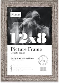 Almost Frameless 12x8 Walnut Ornate Picture Frame 12"x8"(30.5x20.3cm) Poster, Photo, Artwork, or Print. Antique Style Portrait and Landscape Display with Wall Hooks