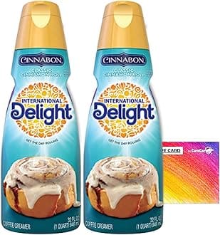 International-Delight Liquid Coffee Creamer.- Two (2) 32 fl oz Bottles of Creamy Smooth Delightful Coffee Creamer and One Authentic CureCor Collective Sticker! (Cinnabon Classic Cinnamon Roll)