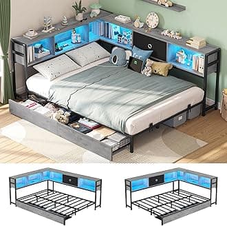 Hasuit Full Corner Bed Frame with Storage Drawers and Bookcase Headboard, Full Size Metal Platform Corner Bed Frame with Charging Station and LED Lights, Full Daybed for Kids Teens Guests, Oak Gray