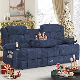 Loveseat Recliner Sofa, Flip Middle Backrest Design 3 Seat Reclining Sofa with Storage Drawer, USB Ports & Cup Holders, Manual Couch for Living Room/RV (Blue)