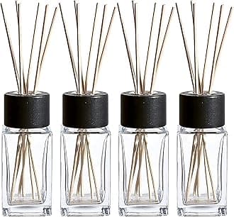 Natural Diffuser Reeds Bottles Sticks | Clear Glass Home Décor for Kitchen and Living Room | Black Wood Caps | Décorative Fragrance Set with Long Lasting Aroma - Set of 4
