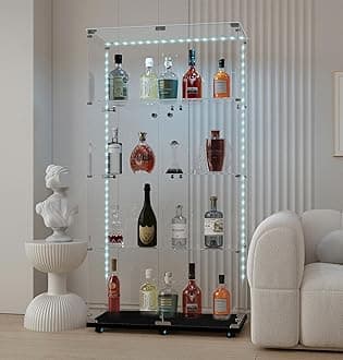 Modern Glass Display Cabinet 4-Shelf with LED Light, Lock and Wheels, 2 Door Curio Cabinets, Tempered Glass Collection Display Showcase for Living Room Home Office,30.9x13.5x65 H,Black