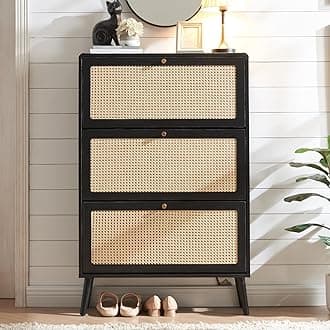 Rattan Shoe Cabinet with 3 Flip Drawers, 24-Pair Hidden Narrow Organizer with Rounded Corners & Adjustable Shelf, Farmhouse Freestanding Wood Storage for Entryway Hallway, Black