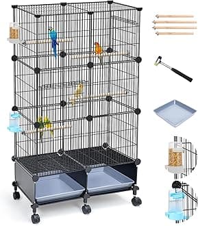 Upgraded Encrypted 46-Inch Bird Cage, with Wooden Perches, Metal Parakeet Cage with Slide-Out Tray, Water Bottle&Feeder, Bird Cages for Parrot,Parakeets,Cockatiel,Lovebird,Small Mid-Sized Birds