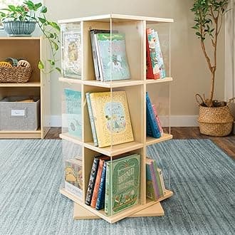 EdQ Rotating Book Display - Birch: Spinning Plywood Storage Bookshelf with Acrylic Windows for Kids Classroom, Playroom, or Bedroom