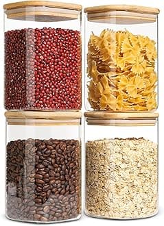 ComSaf Glass Storage Containers with Lids, 1.2 Qt Glass Jars with Lids, Clear Food Storage Jar, Canister For Pantry Cookie Flour Cereal Rice Sugar Tea Coffee Beans Spice, Square Set of 4
