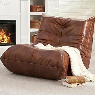 Giant Bean Bag Chair Lazy Floor Sofa, Memory Foam Fireside Sofa for Adults, Big Beanbag Faux Leather Armless Chair for Living Room Bedroom Dorm Office (Brown Leather)
