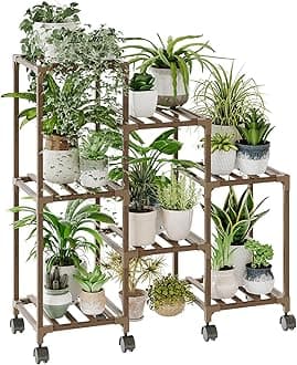 Bamworld Plant Stand with Wheels for Indoor Plants Wood Outdoor Tiered Shelf 3 Tire 7 Potted Ladder Plant Holder Table Pot Stand for Window Garden Balcony Patio Living Room (natureDL)