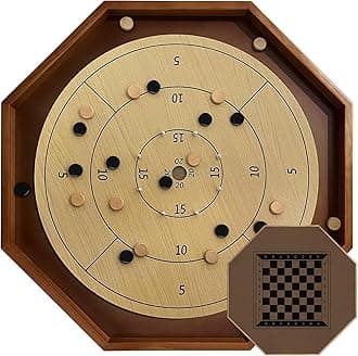27 Inch Tournament Crokinole Board Game, 2 in 1 Crokinole and Checkers with 22” Playing Surface, Metal Pegs, Wooden Octagon Canadian Tabletop Board Game Krokinole for Families and Friends