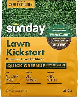 Sunday Lawn Kickstart Granular Fertilizer, 25-0-4, 12 lbs - Fast Green-Up & Soil Enrichment Lawn Fertilizer - Dual-Action Nitrogen & Iron for Up to 60 Days of Rapid Growth - Covers Up to 4,000 Sq Ft