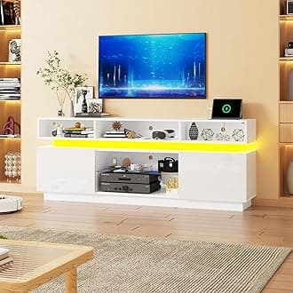 chartustriable LED TV Stand for 75 Inch TV, Modern Tall Entertainment Center with Power Outlets, High Gloss TV Stand, Gaming TV Media Console with Glass Shelf for Living Room, 63 Inch, White