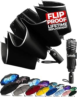 TUMELLA Flip-proof Inverted Travel Umbrella, Small Strong but Light Portable and Automatic Reverse Folding Rain Umbrella, Durable Premium Grip, Fits Car & Backpack