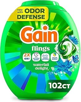Gain Flings Ultra Oxi Laundry Detergent Pods, Odor Defense + Color Guard, Waterfall Delight Scent, concentrated laundry soap pacs, 102 Count (Packaging May Vary)
