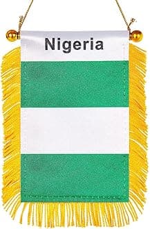 WXTWK 3 X 5 Inch Nigeria Flag Nigerian Window Hanging Flag Small Mini Car Flags Banners Rearview Mirror Decoration With Suction Cup Golden Fringy Banner
