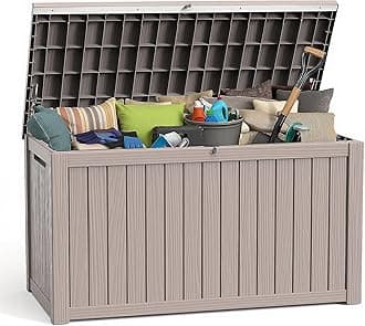 ROJIK Outdoor Storage Housing Deck Box - Waterproof Patio Furniture, Garden Tools, Cushions, Pool Accessories Storage Bench with Lockable Lid and Side Handles (Grey 200 Gal)