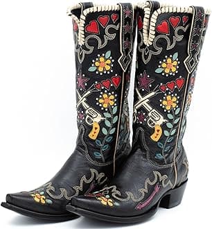 Cowboy Boots For Women, Cute Bluebonnet Floral Embroidered Fashion Country Boots Pointed Toe Chunky Heel Wide Calf Fancy Comfortable Pu Leather, Cowgirl Boots