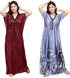 Women's Silk Geometric Print Maxi Kaftan Night Gown (Pack of 2)