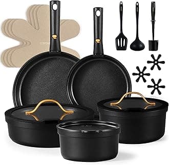 CAROTE 20pcs Pots and Pans Set Non Stick, Nonstick Cookware Set, Dishwasher/Oven/Fridge Safe Pots and Pans, Removable Handle RV Oven Safe Cookware, Induction Kitchen Set, Black