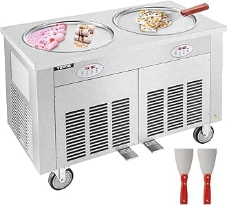 VEVOR Commercial Rolled Ice Cream Machine, 1800W Stir-Fried Ice Roll Machine Double Pans, Stainless Steel Ice Cream Roll Machine w/ 17.7" Round Pan, Yogurt Cream Machine for Bars Cafés Dessert Shops