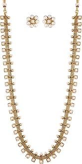 I Jewels18K Gold Plated Traditional South Indian Stylish Multicolour Stone Work Long Necklace With Earrings For Women & Girls (MC041)