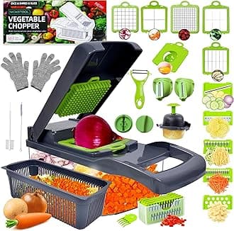 26-in-1 - Heavy Duty Vegetable Chopper with Container - Stainless Steel Blades - Slicer, Chopper, Spiral & Dicer for Veggies With Hand Guard, Cut Resistant Gloves & Cleaning Brushes - Green