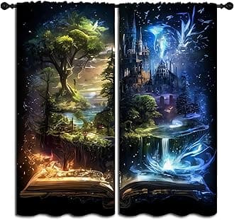 LHROOMJK Magic Castle Blackout Curtains for Boys Girl Bedroom Decor,Blue Aurora Mysterious Anime Style Thermal Insulated Rod Pocket Drapes Darkening Window Curtain for Living Room Home 84x84 inch