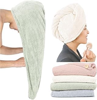 ROLSHOL Extra Large 4 Pack Microfiber Hair Towel Wrap for Women Super Absorbent & Quick Dry Hair Drying Towels with Button, Hair Turbans for Curly Hair Long & Short Hair - Anti-Frizz