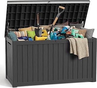 ROJIK Outdoor Storage Housing Deck Box,Waterproof Patio Furniture, Garden Tools,Cushions,Pool Accessories Storage Bench with Lockable Lid and Side Handles (Black,280 Gal)