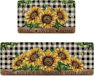 Faptoena Sunflowers Kitchen Rugs Set of 2,Home Sweet Home Buffalo Plaid Holiday Kitchen Mats for Floor,Spring Summer Seasonal Non-Slip Washable Sink Mat Home Decor Doormat+Runner Rug