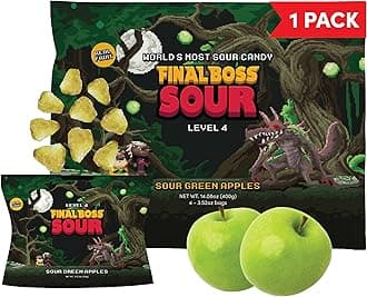 Final Boss Sour Candy, Green Apple, 1 Pack, Level 4, Extreme Sour Fruit Chews with Real Dried Fruit, No Artificial Colors or Flavors, Low Calorie Snack for Kids, Teens, Adults, Lunch Boxes