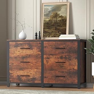 Rustic Brown Dresser for Bedroom, Wide Wood Dressers Furniture with 6 Wooden Drawer and Metal Frame, TV Stand with Deep Drawer (Rustic Brown)