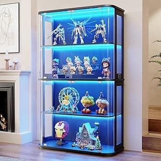 BROTTAR Large Rounded Display Cabinet with Glass Door, 4-Tier Curio Cabinet with 3 Color Lights for Collectibles, Glass Display Case with Transparent Full-Display Surface, Human Body Sensor, Black