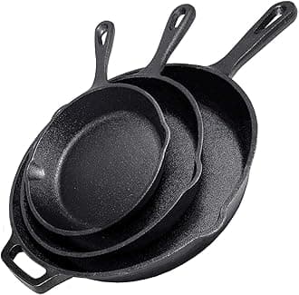 Cast Iron Skillet 3-Piece Set - 12", 10", 8" Heavy Duty Pans - Professional Restaurant Chef Quality Pre-Seasoned Pan Cookware Set