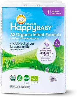 Happy Baby Organics Stage 1 A2 Infant Formula, 0-12 Months, Milk Based Organic Baby Formula Powder with A2 Milk, Probiotics & Prebiotics for Immune & Digestive Support, 22.9 Ounce (Pack of 1)