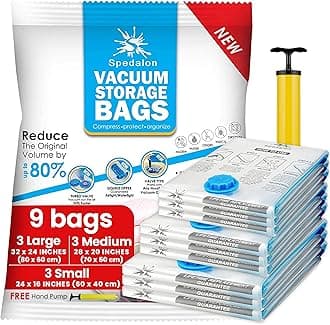 Spedalon Vacuum Space Saver Bags - 9 Pack (3 Large, 3 Medium, 3 Small) Packing Bags for Moving | Sealer Vacuum Storage Bags for Clothes, Blanket, Comforter, Bedding, Pillow, Mattress with Hand Pump