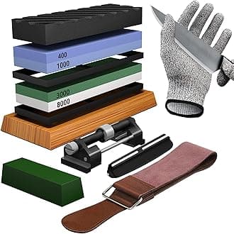 Knife Sharpening Stone Set - Premium 4 Side Grit 400/1000 3000/8000 Whetstone Sharpener Kit - Non-Slip Bamboo Base,Cut Resistant Gloves, Angle Guide,Flatting Stone,Honing Guide,Leather Strop