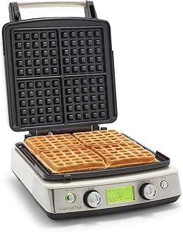 GreenPan Elite 4 square Belgian and classic waffle iron, healthy ceramic nonstick aluminum dishwasher safe plates, adjustable shade/crunch control, will not overflow,