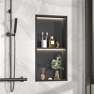 Hasipu 2 Tier Stainless Steel 12 * 24 Shower Niche with 3000K Warm Light Strip, Double Tier Matte Black Shower Shelf, No Tile Needed Wall Bathroom Accessories, Stainless Steel Niche Storage Organizer