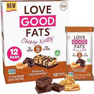 Love Good Fats Plant-Based Keto Protein Snack Bars - Chewy Nutty Peanuts and Dark Chocolate - 13g Good Fats, 7g Protein, 5g Net Carbs, 1g Sugar, Gluten-Free, Non GMO - Peanut Butter Chocolatey, 12 Pack