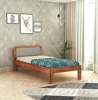 Wooden Single Size Bed Without Storage | Single Cot with Upholstered Cushion Headboard for Hotel & Guest Room | Solid Wood Sheesham, Honey Finish