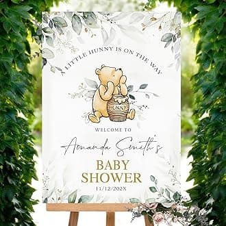 Personalized Bear Pooh Baby Shower Sign, Wildflower Custom Baby Boy and Girl Welcome Yard Sign Party Decorations Plastic with H Stakes, Double Sided, Full Size