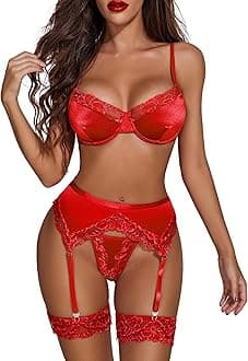 AvidloveLingerie for Women Underwire Bra and Panty Sets 5 PCS Satin Lace Lingerie Set with Garter Belts