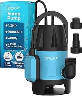 SereneLife 400W Submersible Pump Clean Dirty Water Powerful Utility Sump Pump Auto Float Switch,16 ft. Cord, Basement, Yard, Swimming Pool, Pond, Flooded Area, Garden or Flat Hose